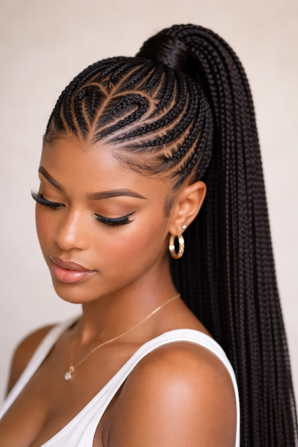 Front view of a heart center-part cornrow ponytail with braided spine.