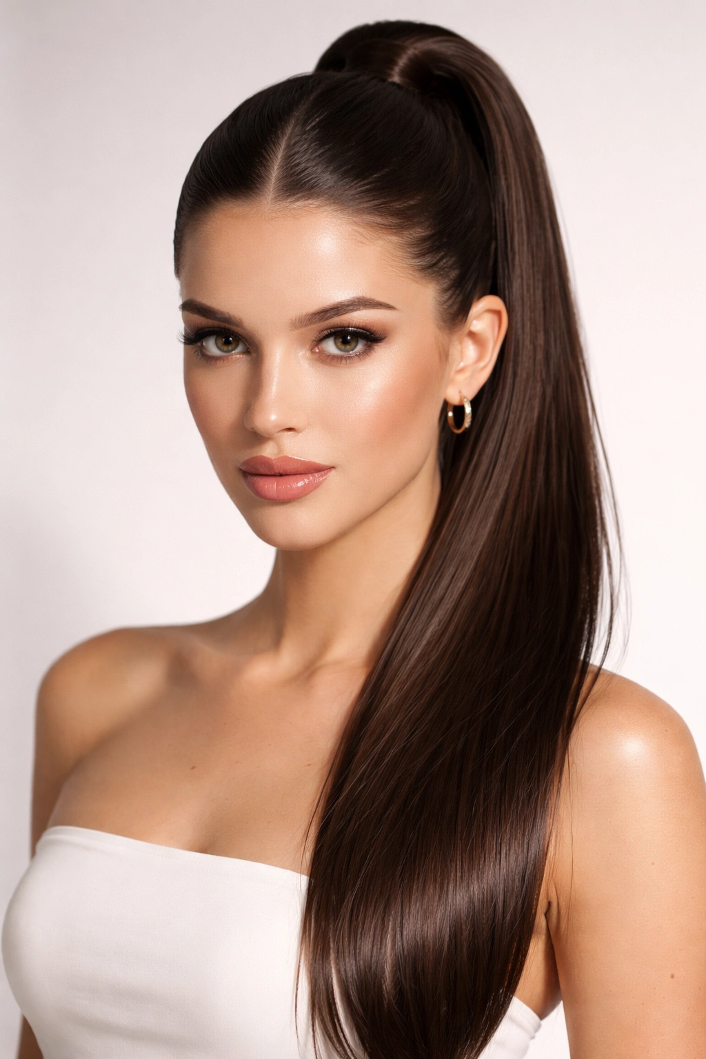 Center-part high sleek ponytail with crisp center part and high ponytail