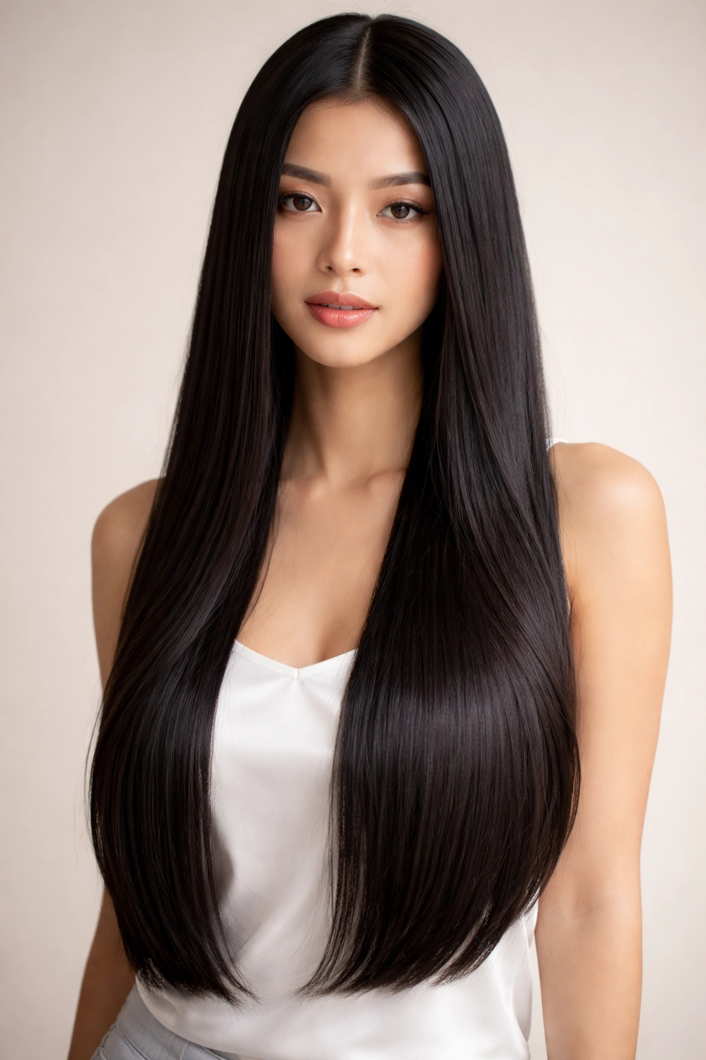 Full-length portrait of Asian woman with long straight hair, center part and glossy shine.