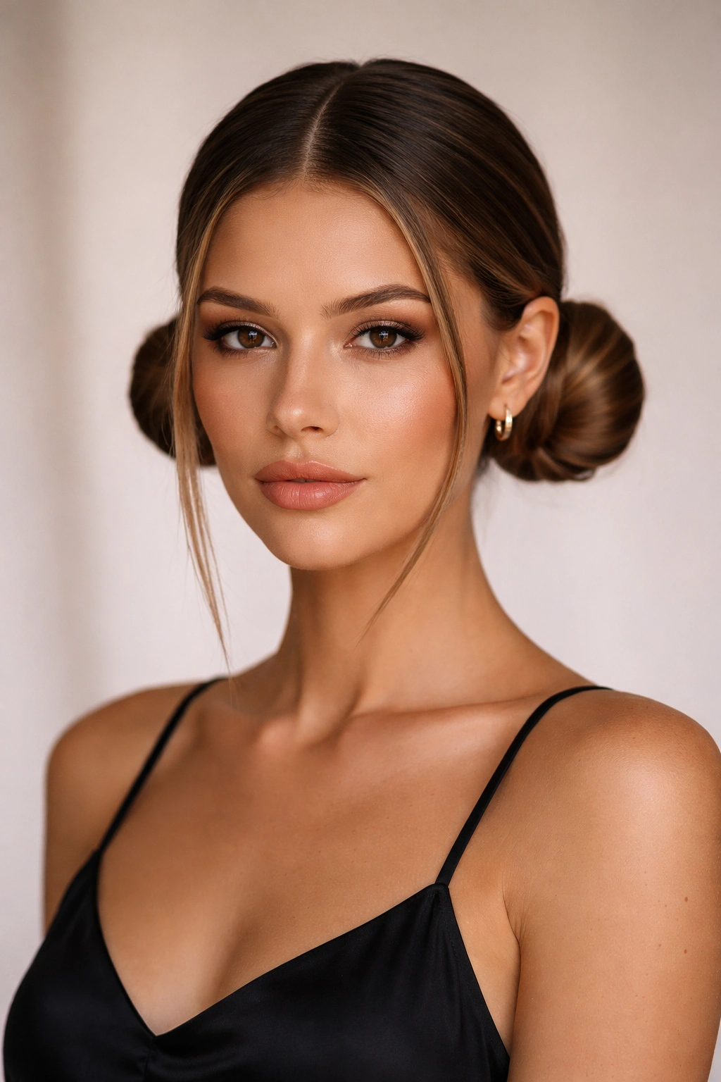 Center part with two sleek low buns behind the ears on straight hair.