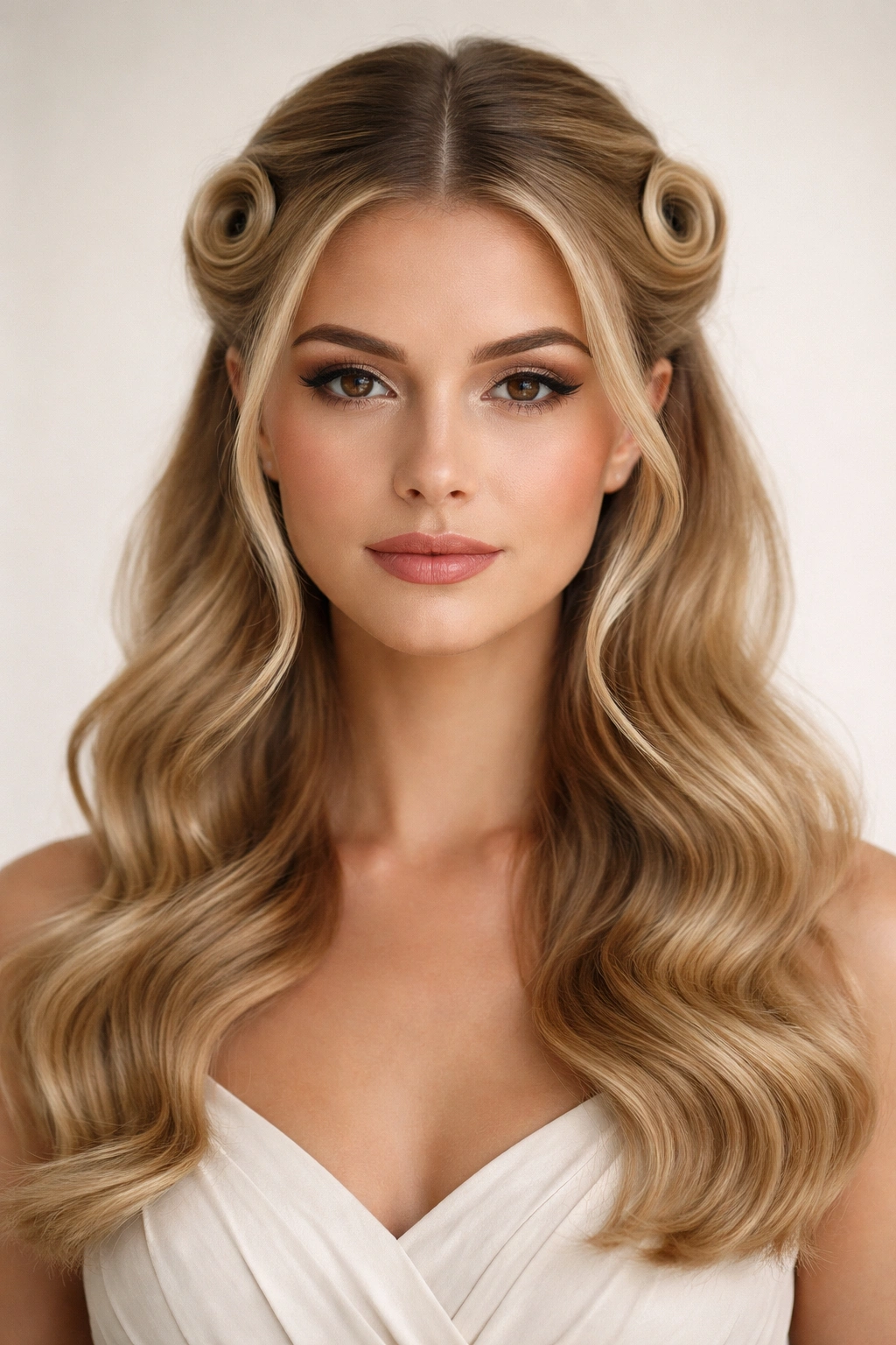Front view of center-parted half-up pin curls with symmetrical sides.