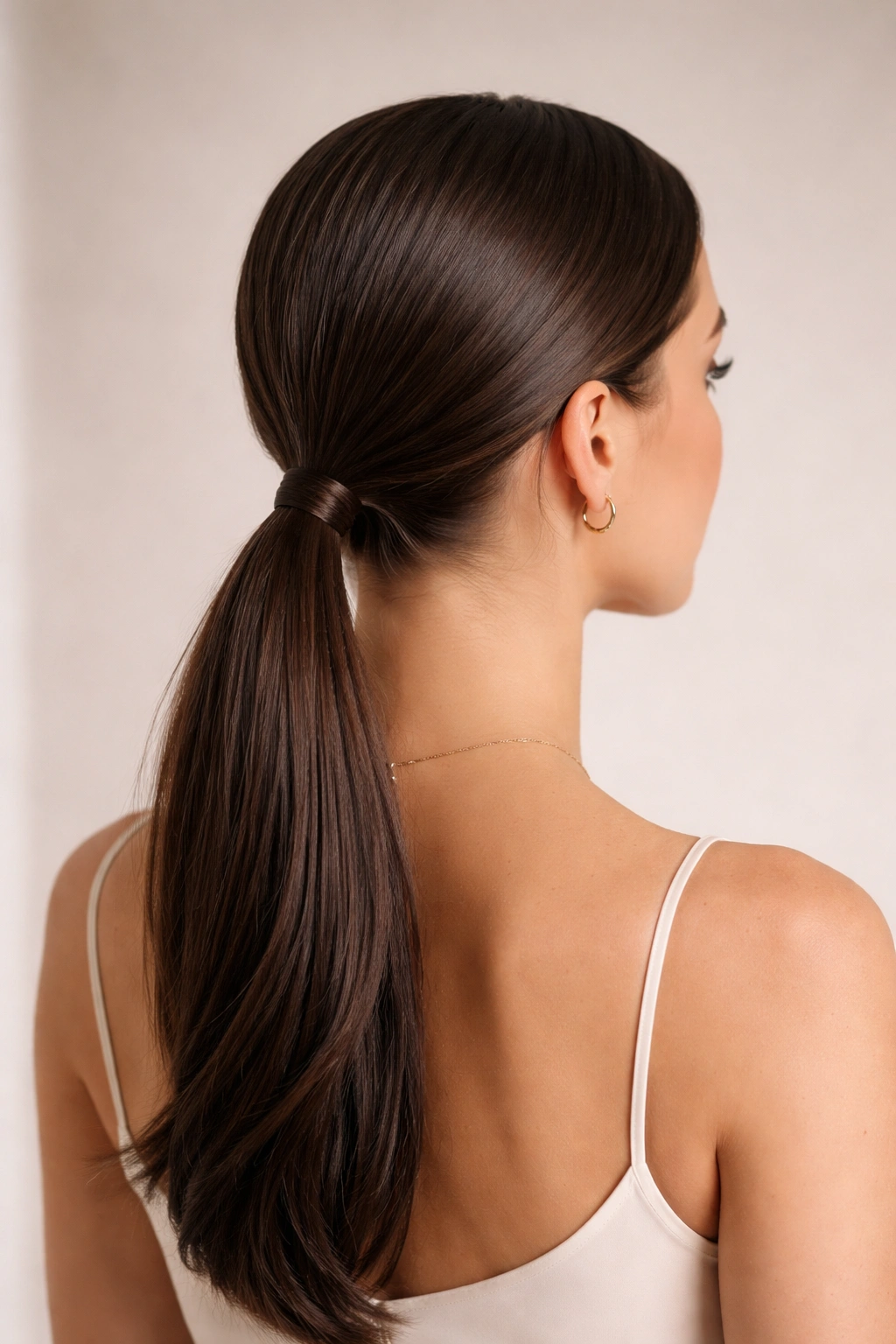 Center-parted hair flowing into a low ponytail