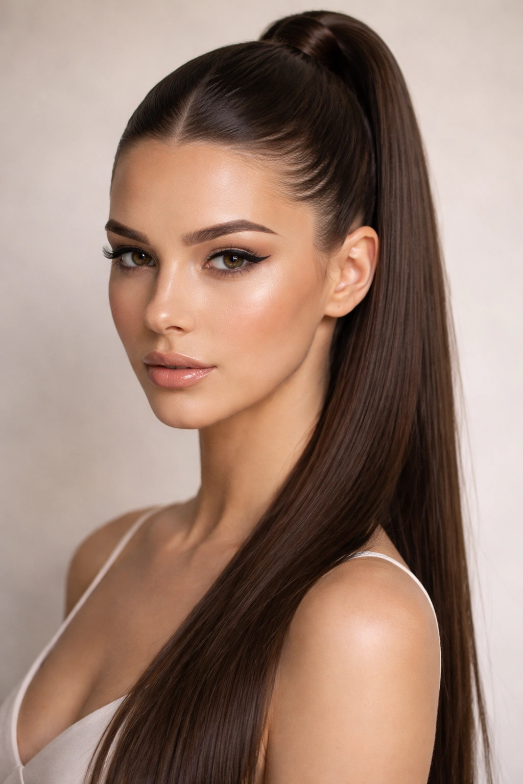 Symmetrical center-parted high ponytail on straight hair with a polished finish