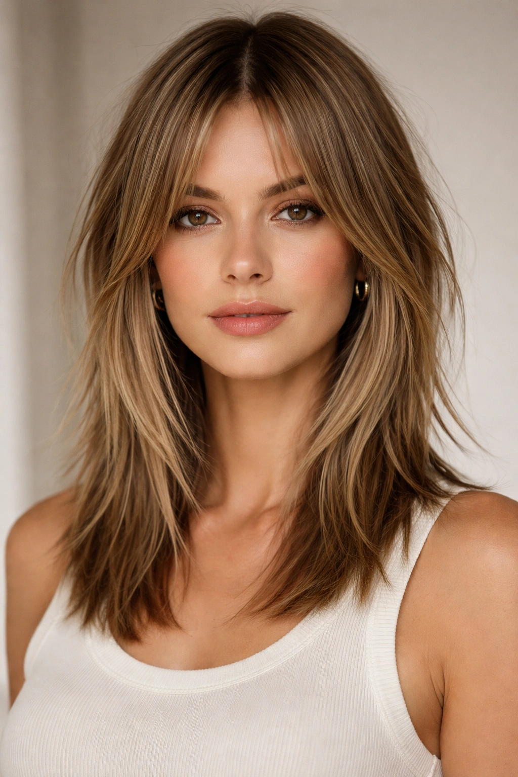 Center-parted straight hair with choppy, layered ends at shoulder length