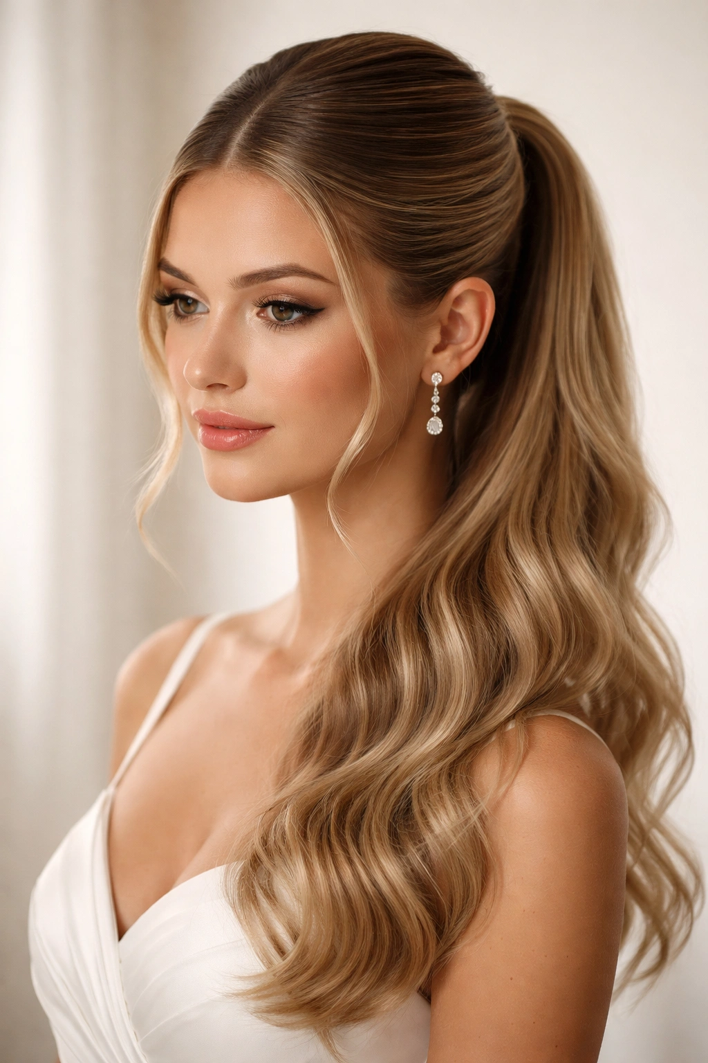 Close-up of center-parted sleek hairstyle with crown ponytail and soft waves