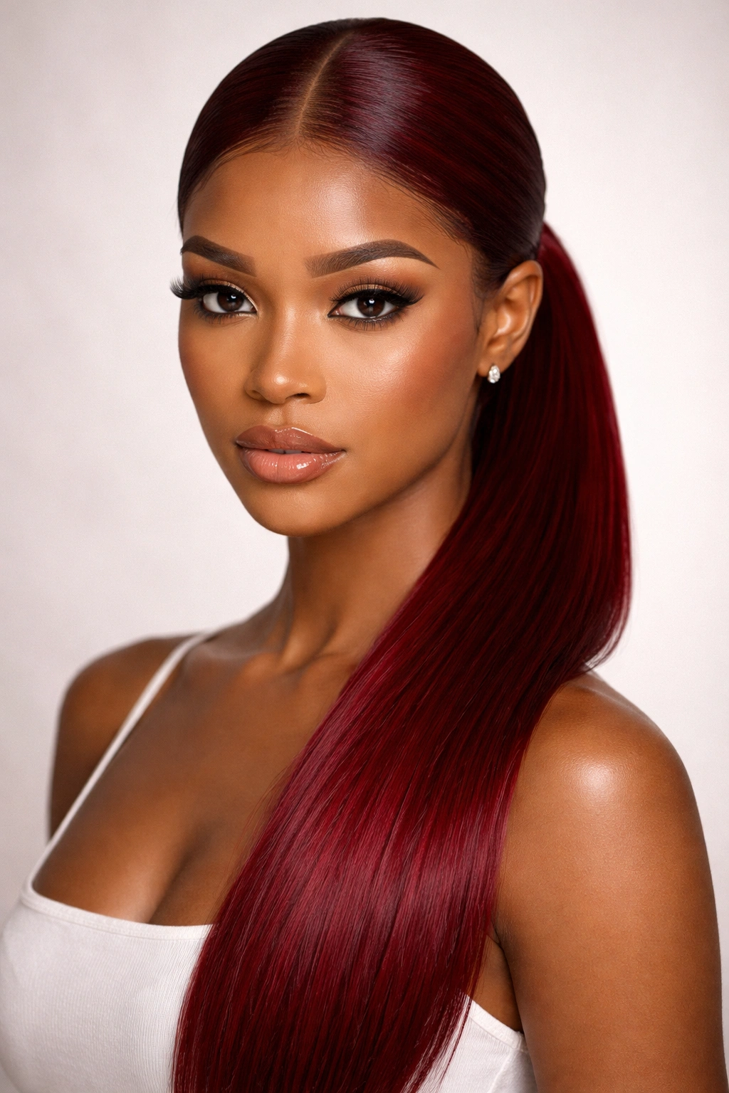 Front view of a center-parted sleek ponytail with mirror-image smooth sides