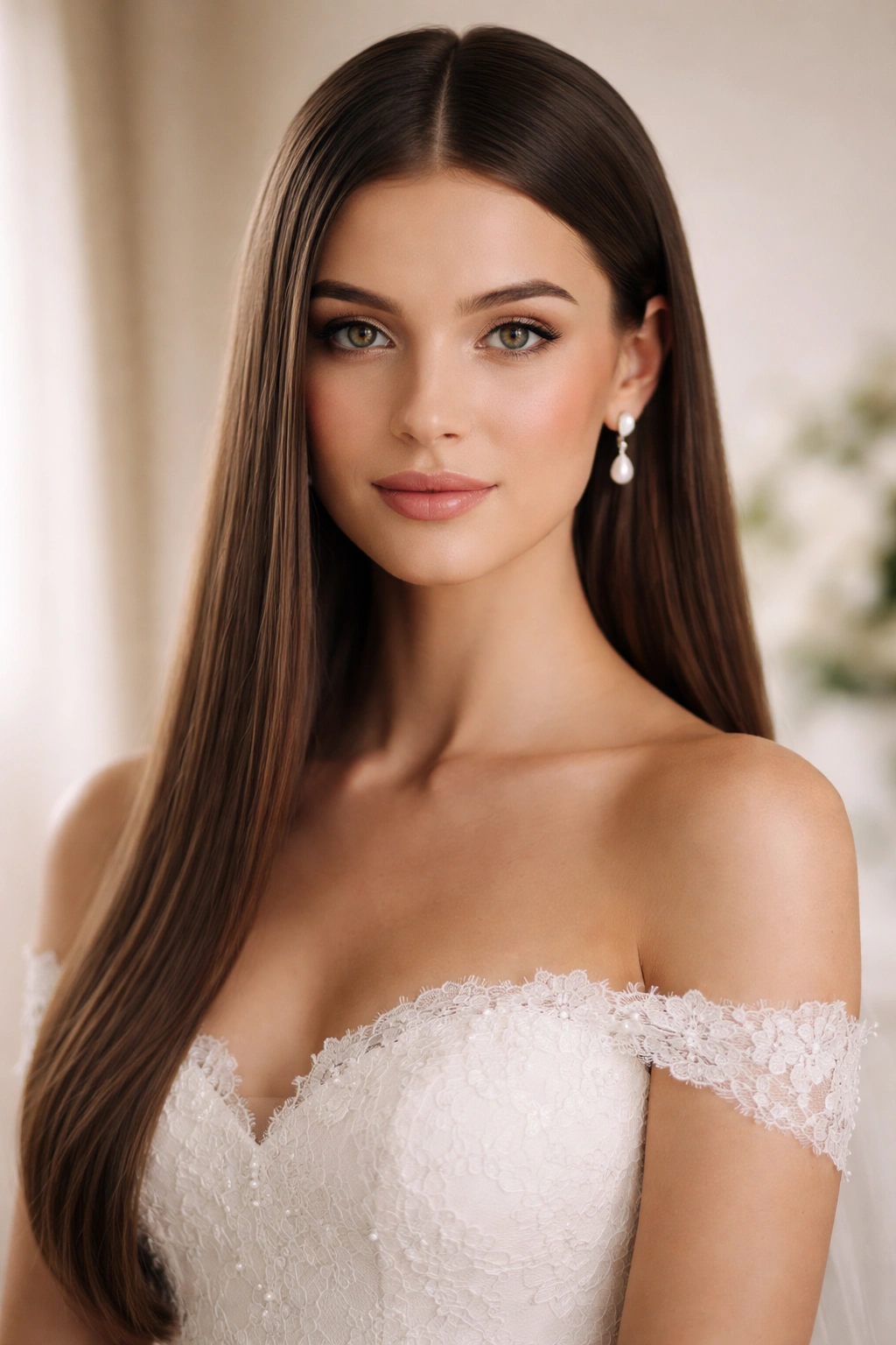 Close-up of a bridal model with a perfect center-part straight hairstyle