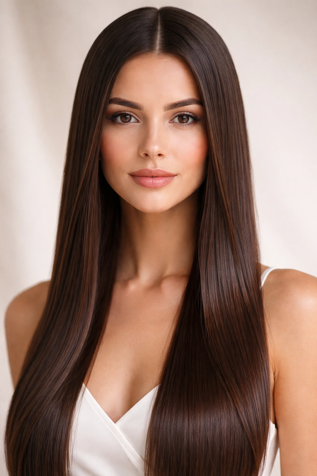 Center-parted straight hair with extreme shine in studio portrait