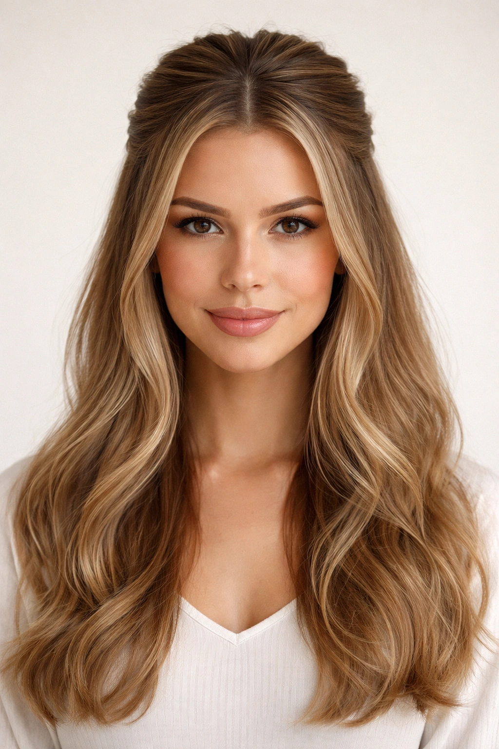 Center-parted half-up hairstyle with symmetrical sides