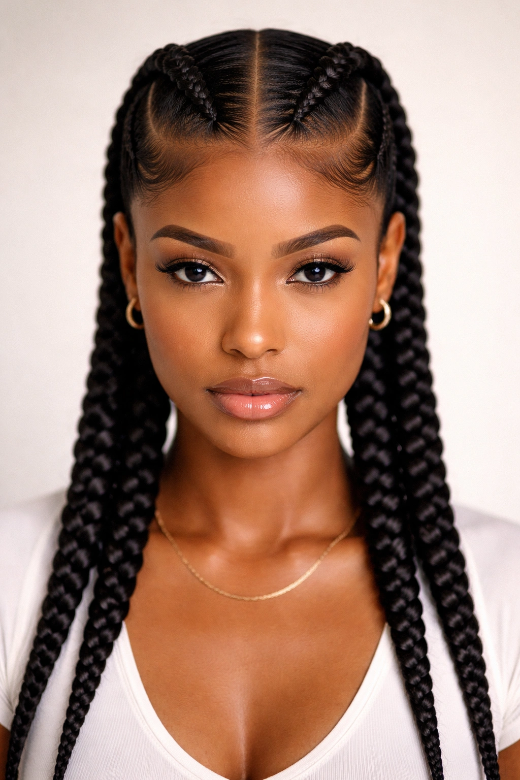 Symmetrical center-parted three braids showcased from a centered angle