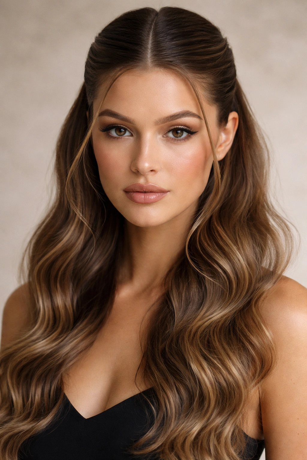 Close-up of a center-parted half-up with symmetrical slicked-back sides