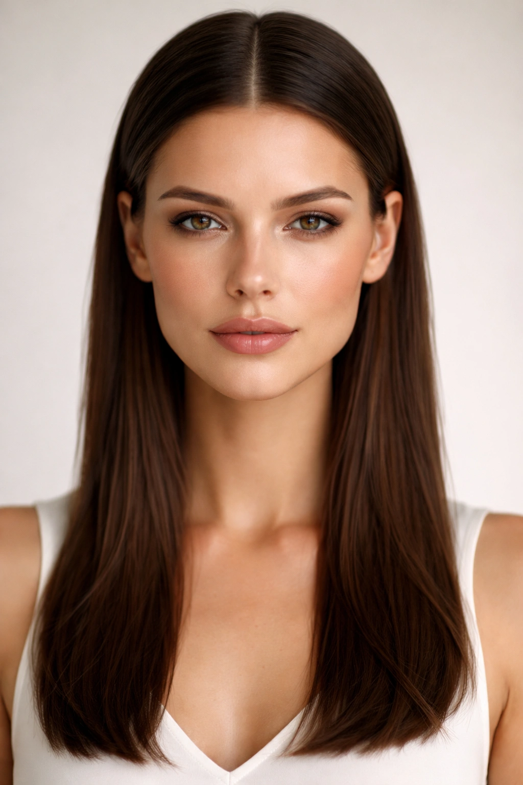 Head-and-shoulders portrait of straight hair with a center part and tucked-back sides