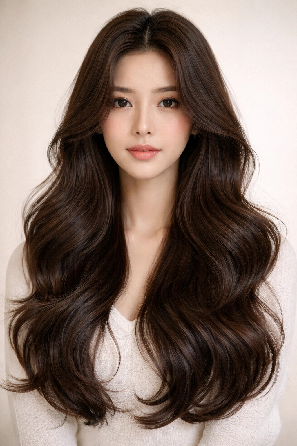 Center-parted long waves with crown volume in studio portrait