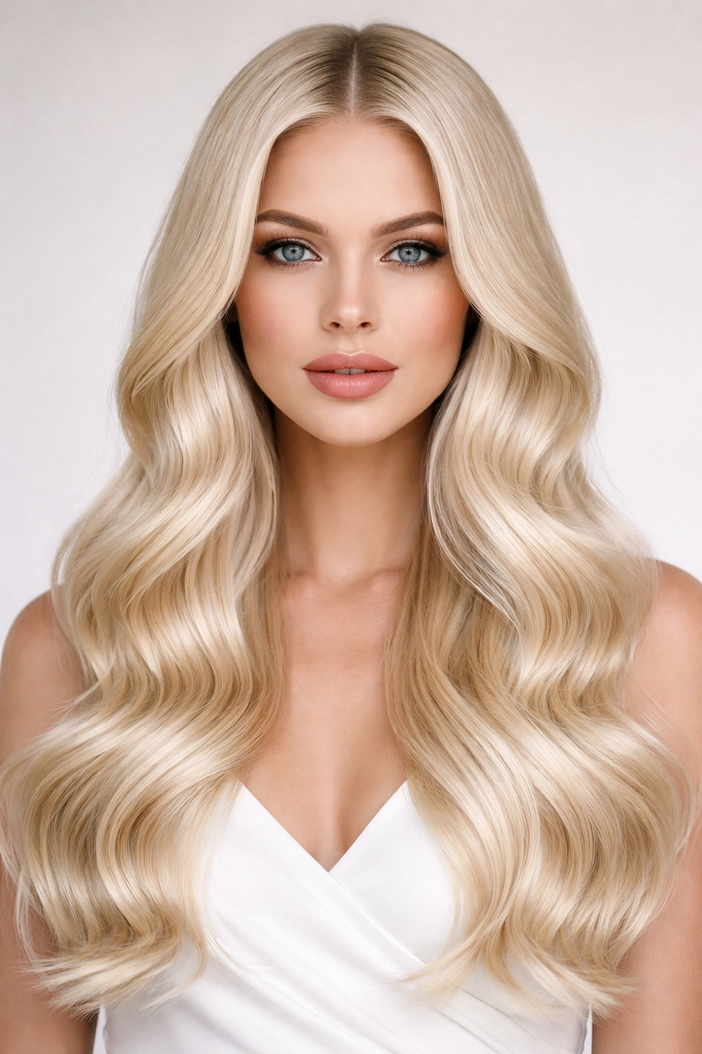 Structured center-part platinum blonde waves portrait