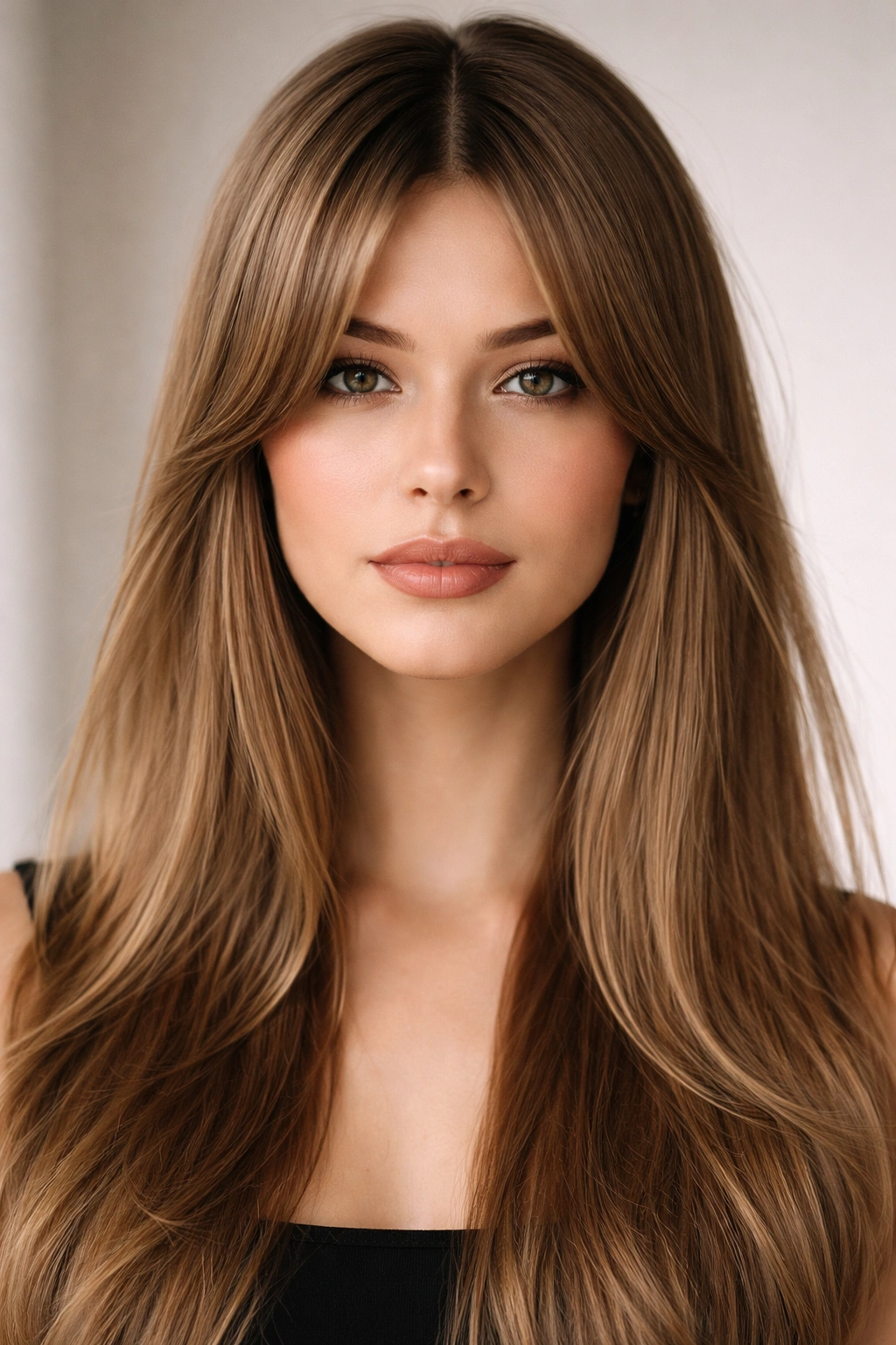 Close-up of classic center-parted curtain bangs on straight hair