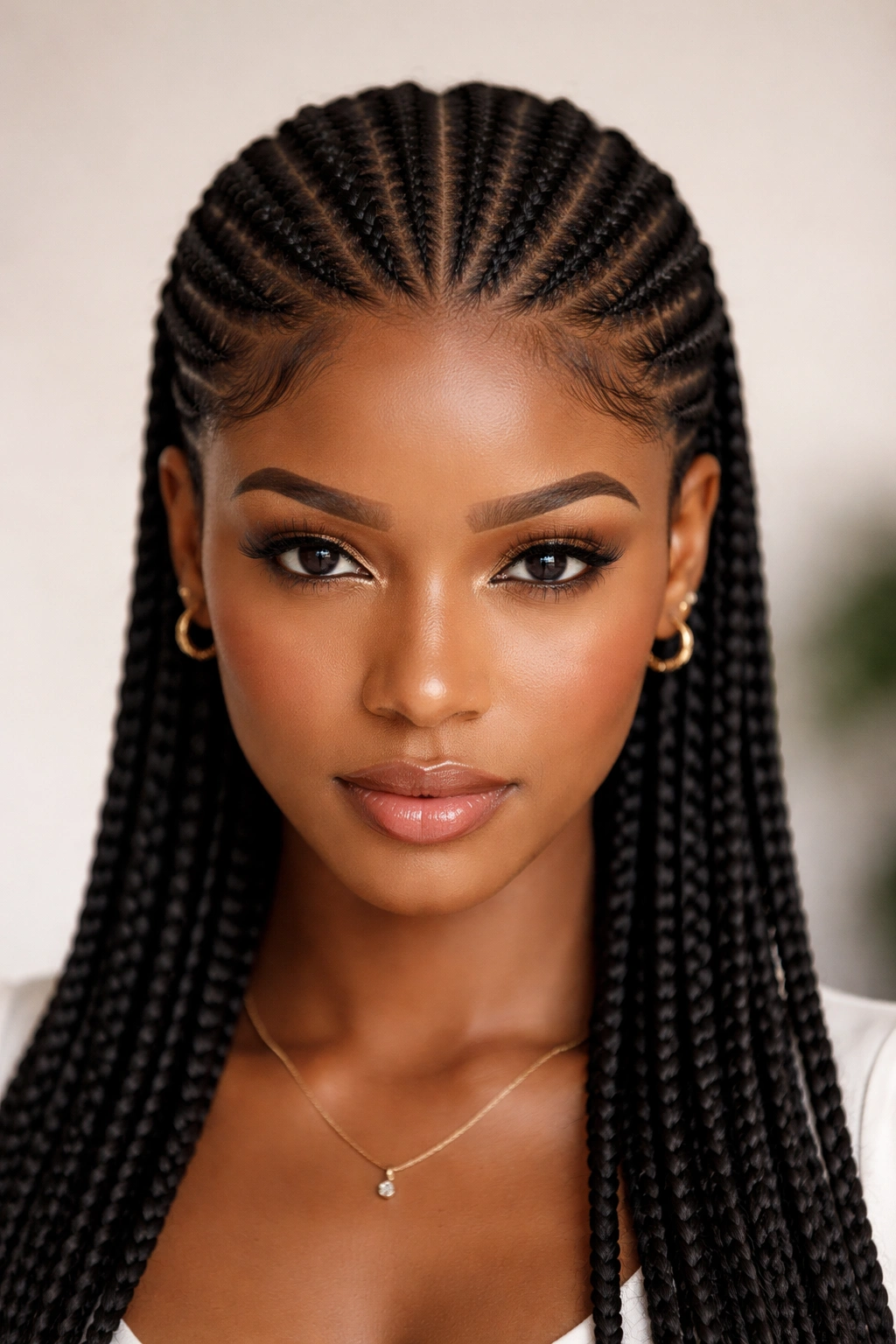 Frontal view showing center-parted straight-back cornrows