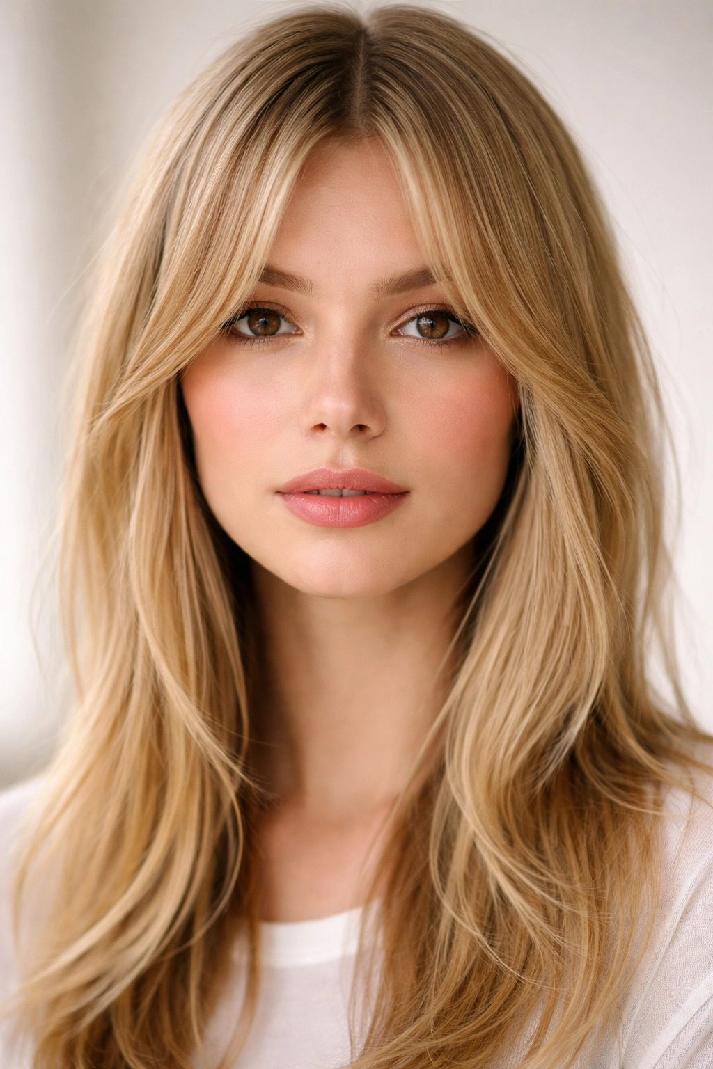 Close-up of center-parted curtain bangs on fine straight hair, showing nose-length center and cheekbone-length sides.