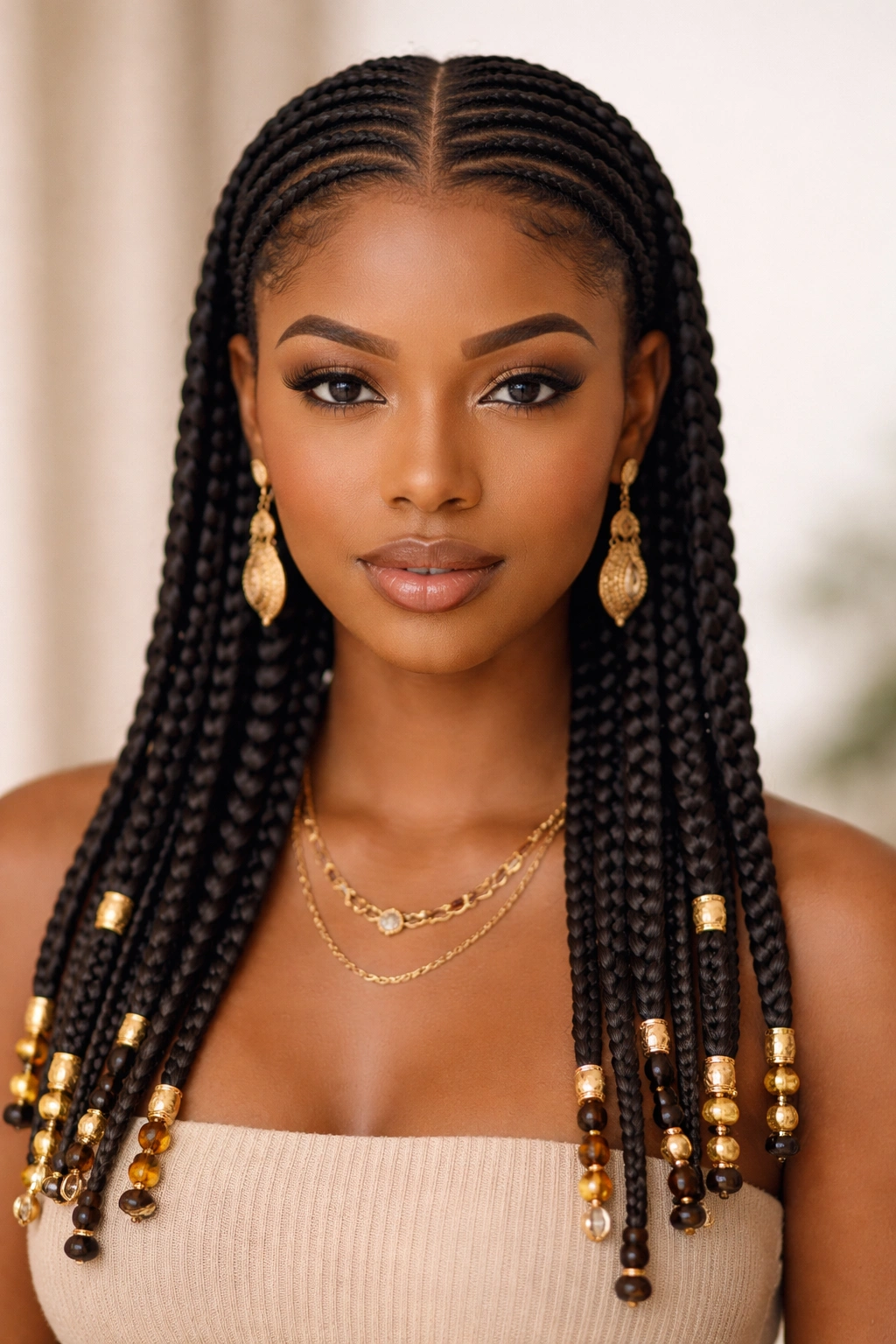 Close-up of Traditional Center-Parted Fulani Braids with dual braids and gold cuffs.