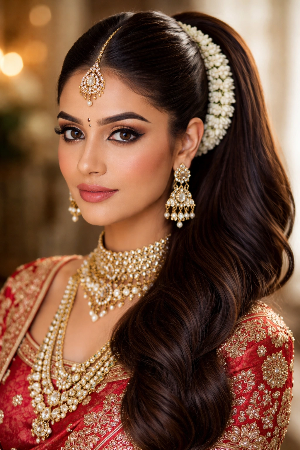 Center-parted high ponytail with a fresh gajra woven around the base.