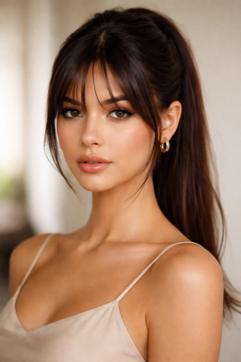 Center-parted ponytail with layered bangs in a fashion-forward studio shot