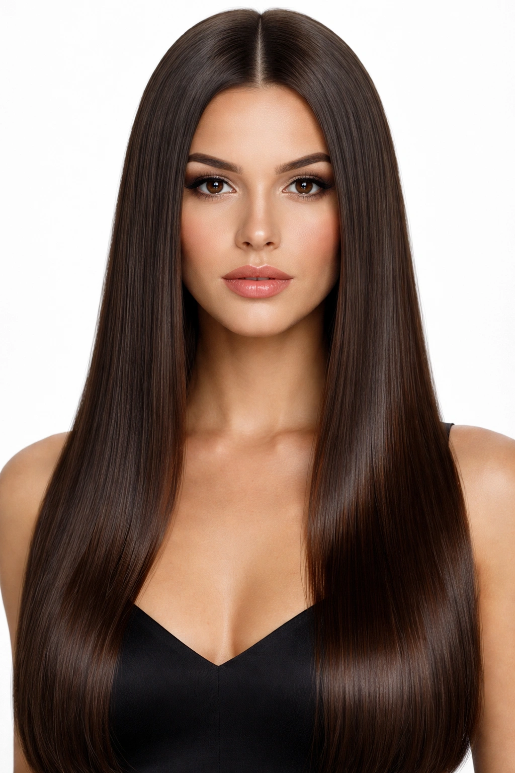 Front view of center-parted glossy straight hair