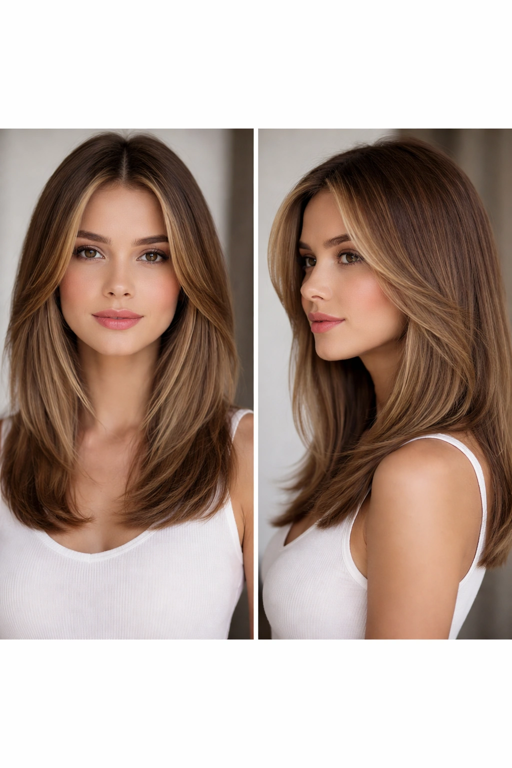 Center-parted shoulder-length hair with curtain layers framing the face