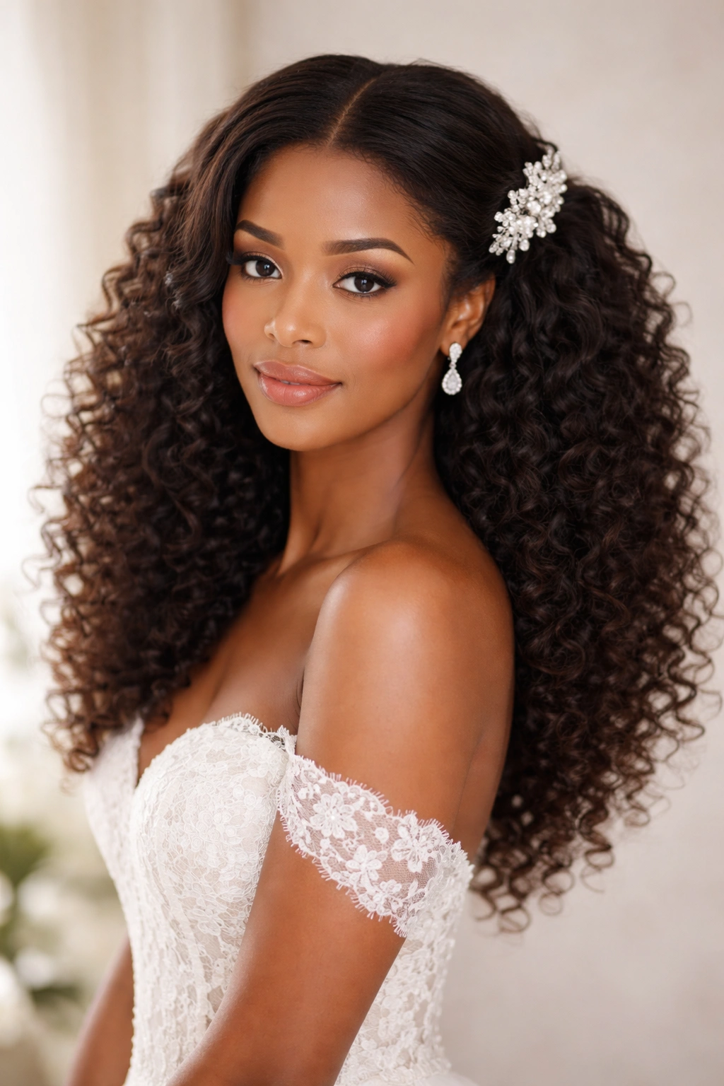 Center-parted volume half-up hairstyle with side-gathered back