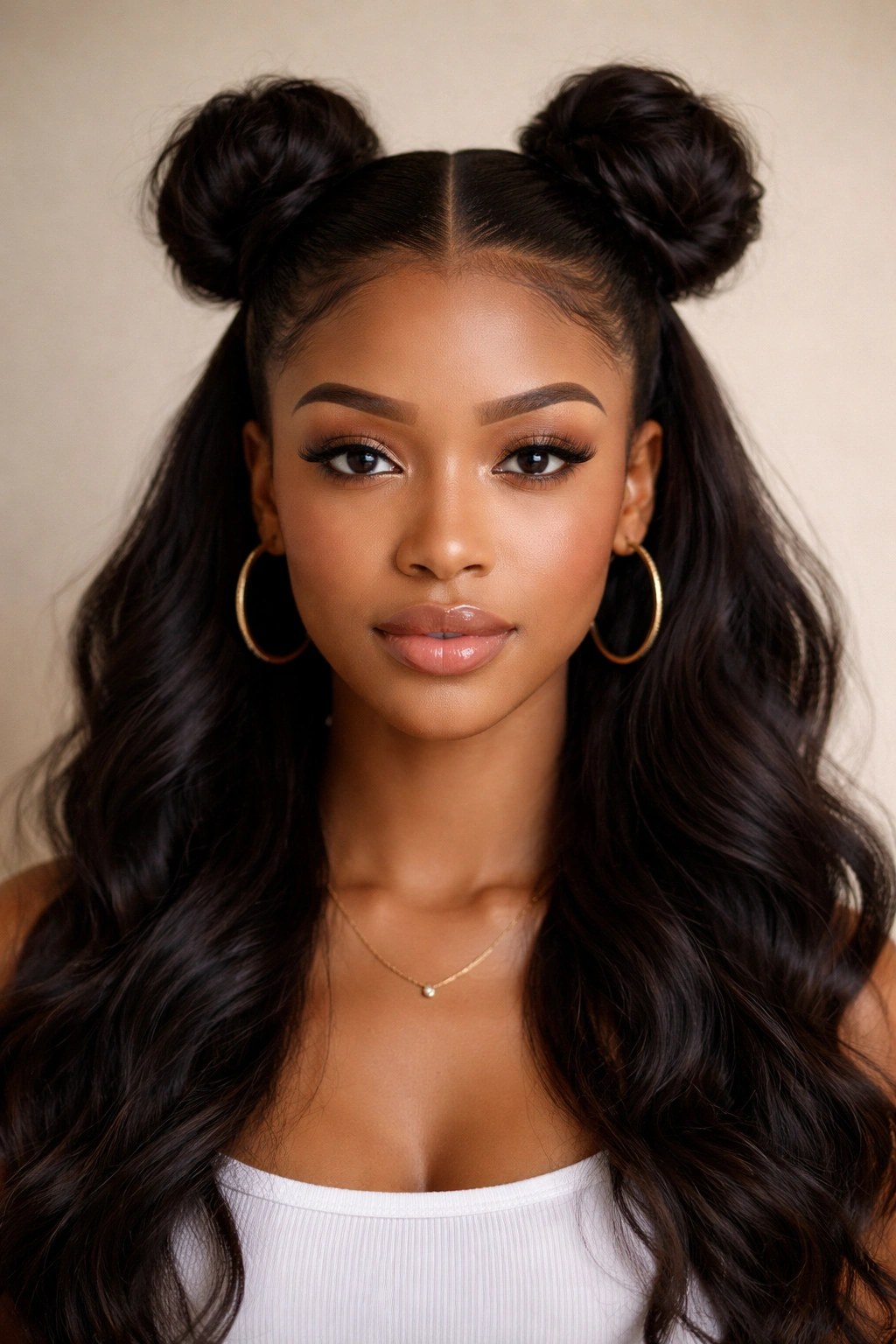 Center-parted space buns with symmetrical placement