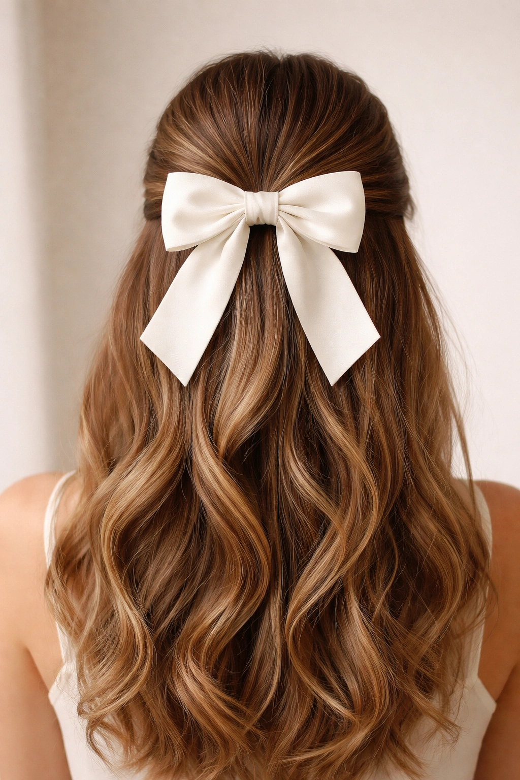 Close-up of centered bow in a half-up hairstyle at the crown