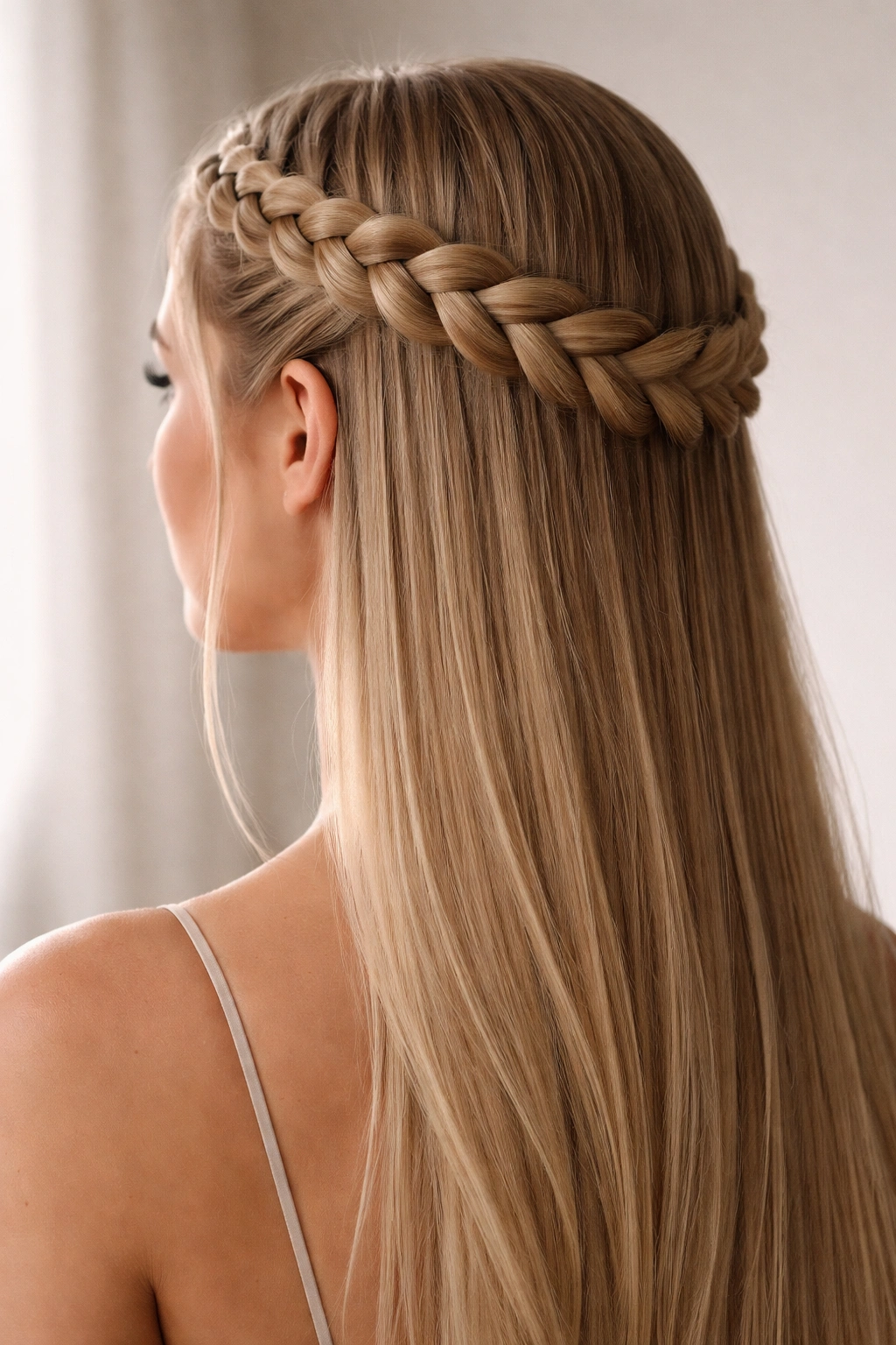 Close-up of classic centered crown braid on straight hair, halo across the back