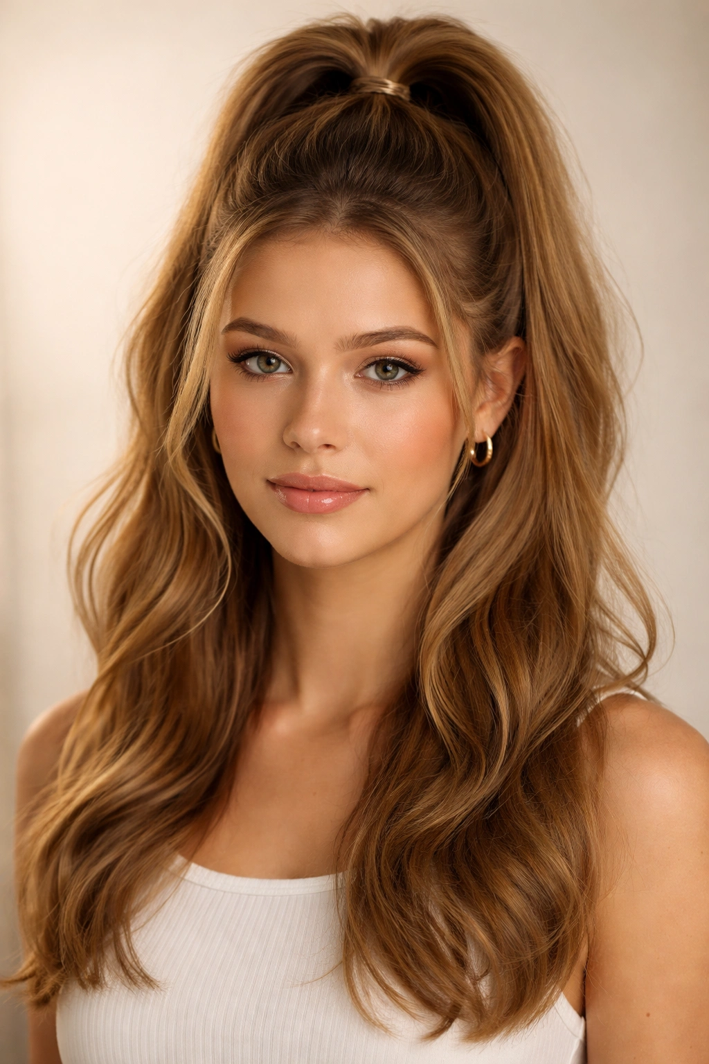 Close up of a classic centered half-up ponytail with textured top and flowing bottom waves