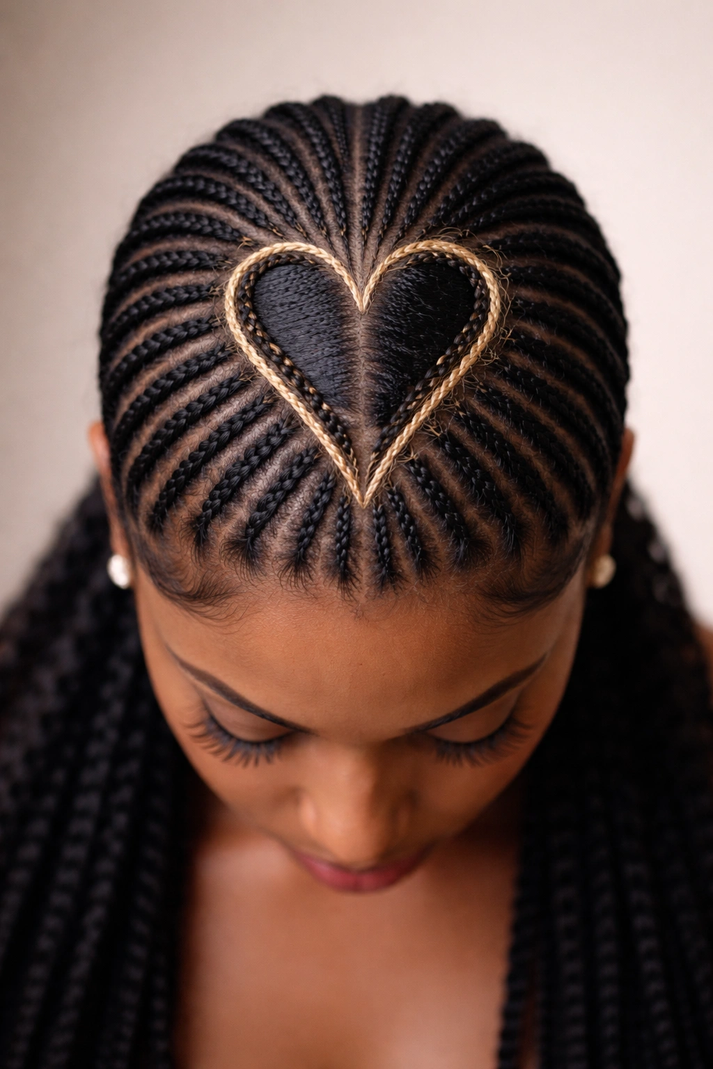 Close-up of central heart cornrow design with surrounding small braids