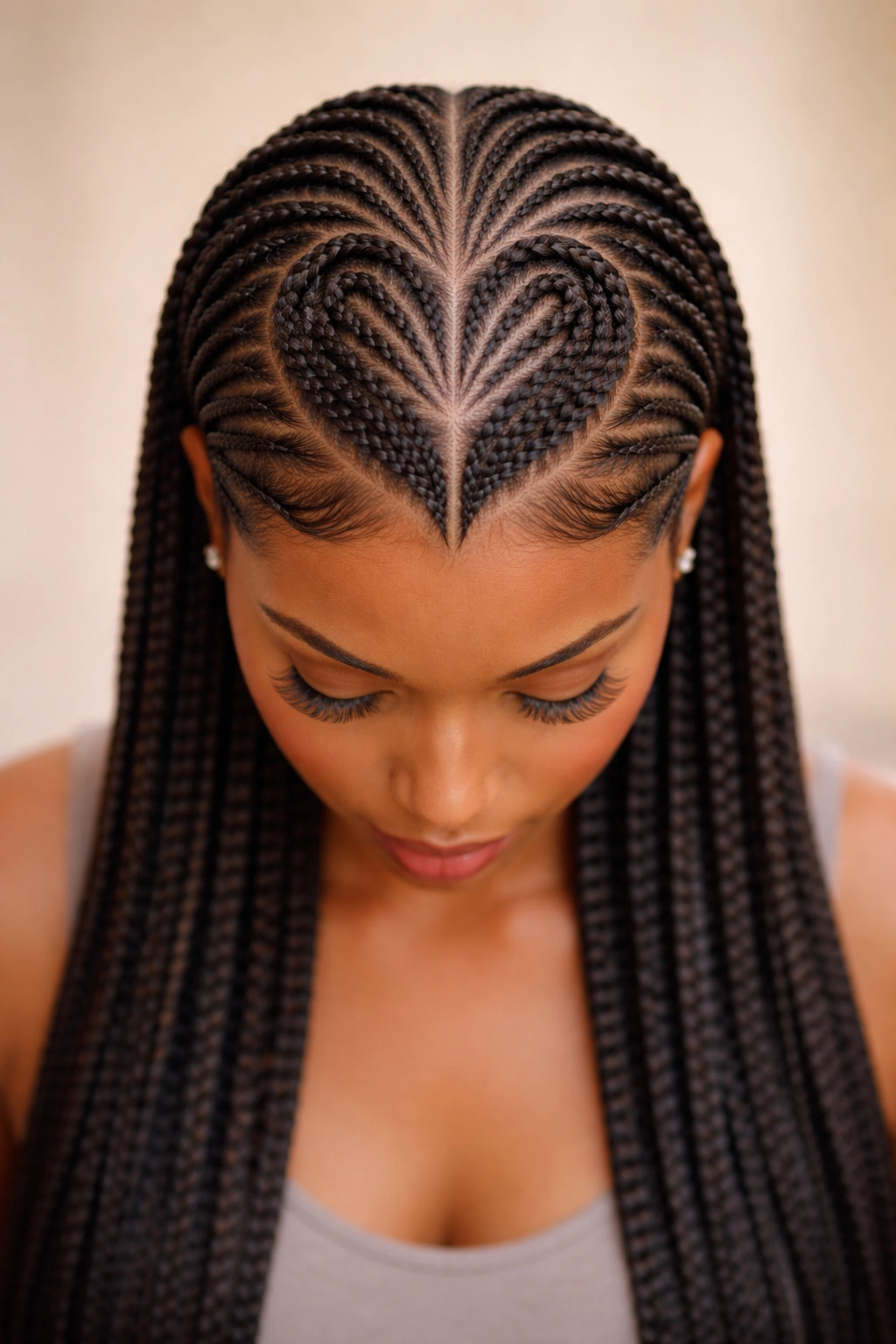 Centered heart feed-in cornrows running from crown to nape
