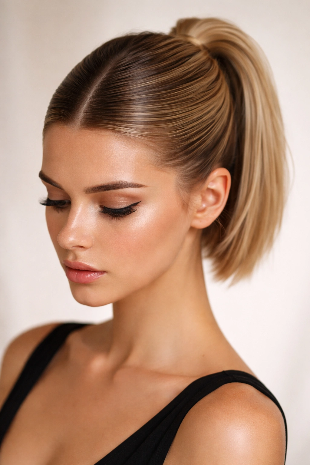 Close-up of a short hairstyle with a centered sleek half-up ponytail and glossy shine