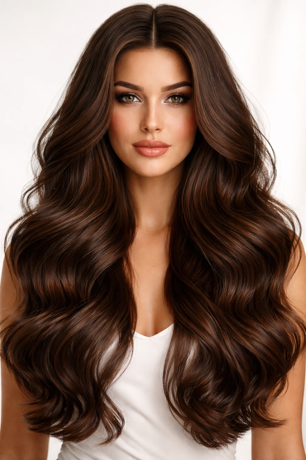 Chocolate brown hair with a centered part and voluminous waves