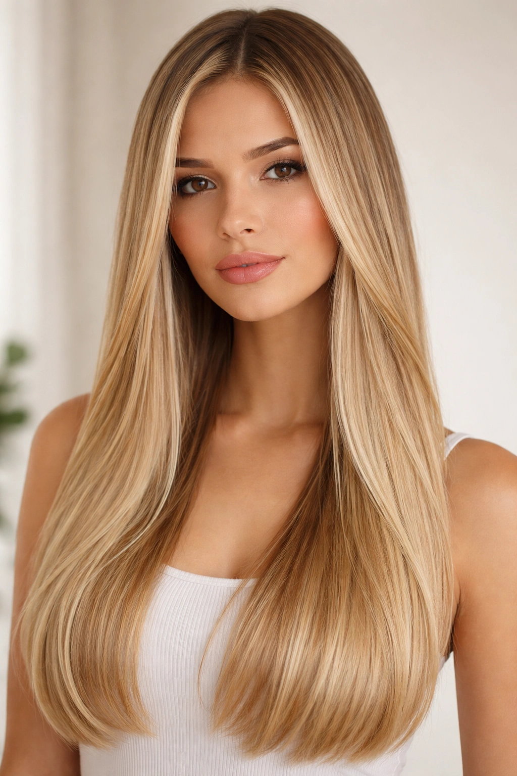 Close-up of straight hair with champagne balayage highlights.