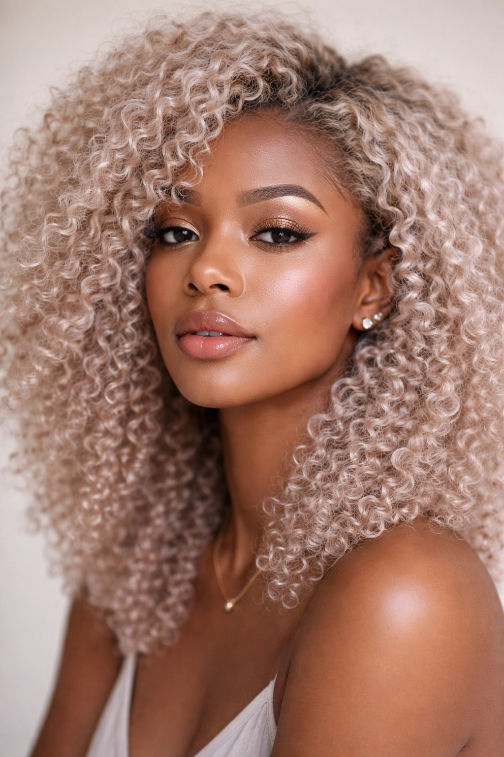Close-up of coily hair in champagne blonde with cool pale tones and subtle pink undertones