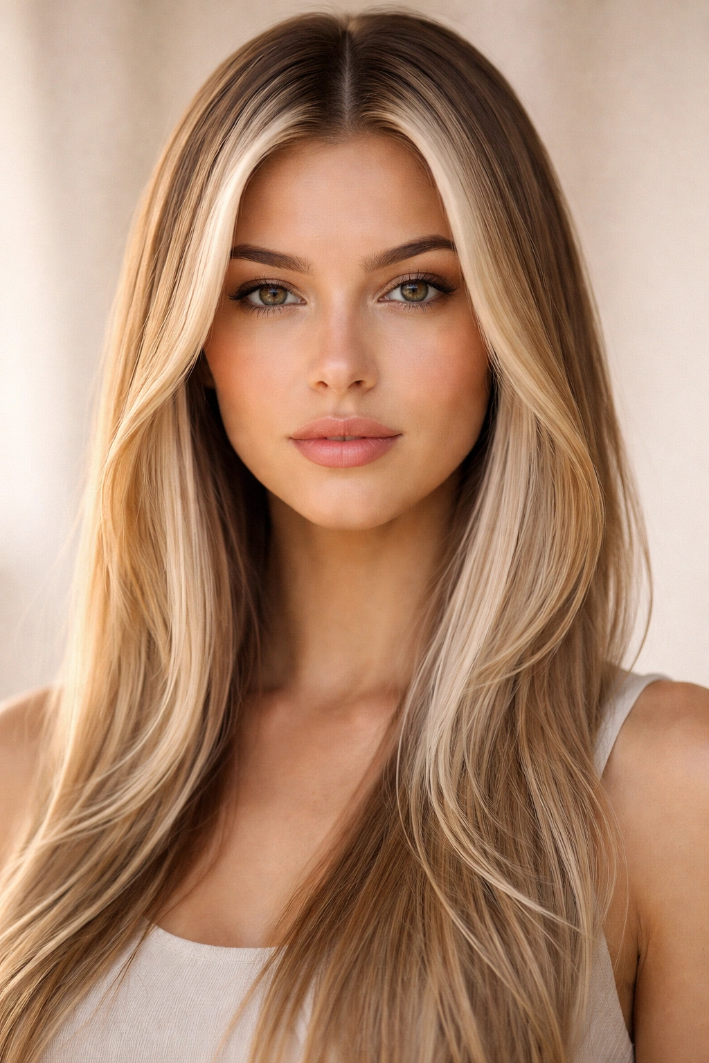 Close-up of champagne blonde money pieces framing straight hair with pale warmth