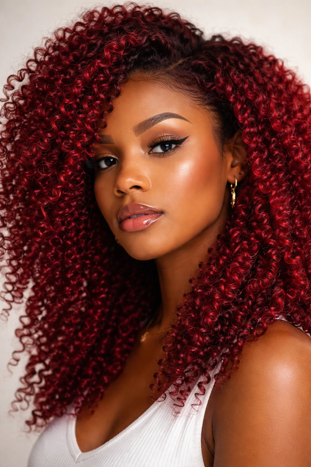 Close-up of glossy cherry red coily hair with cool undertones and defined curls