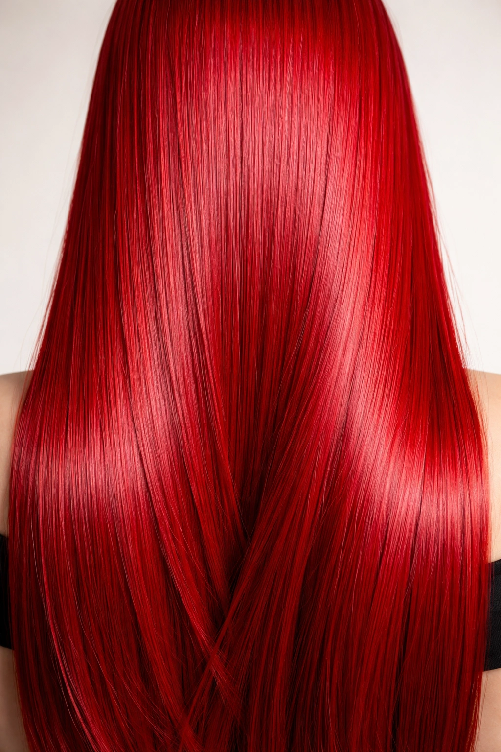 Close-up of straight hair in Vibrant Cherry Red with uniform color and high shine