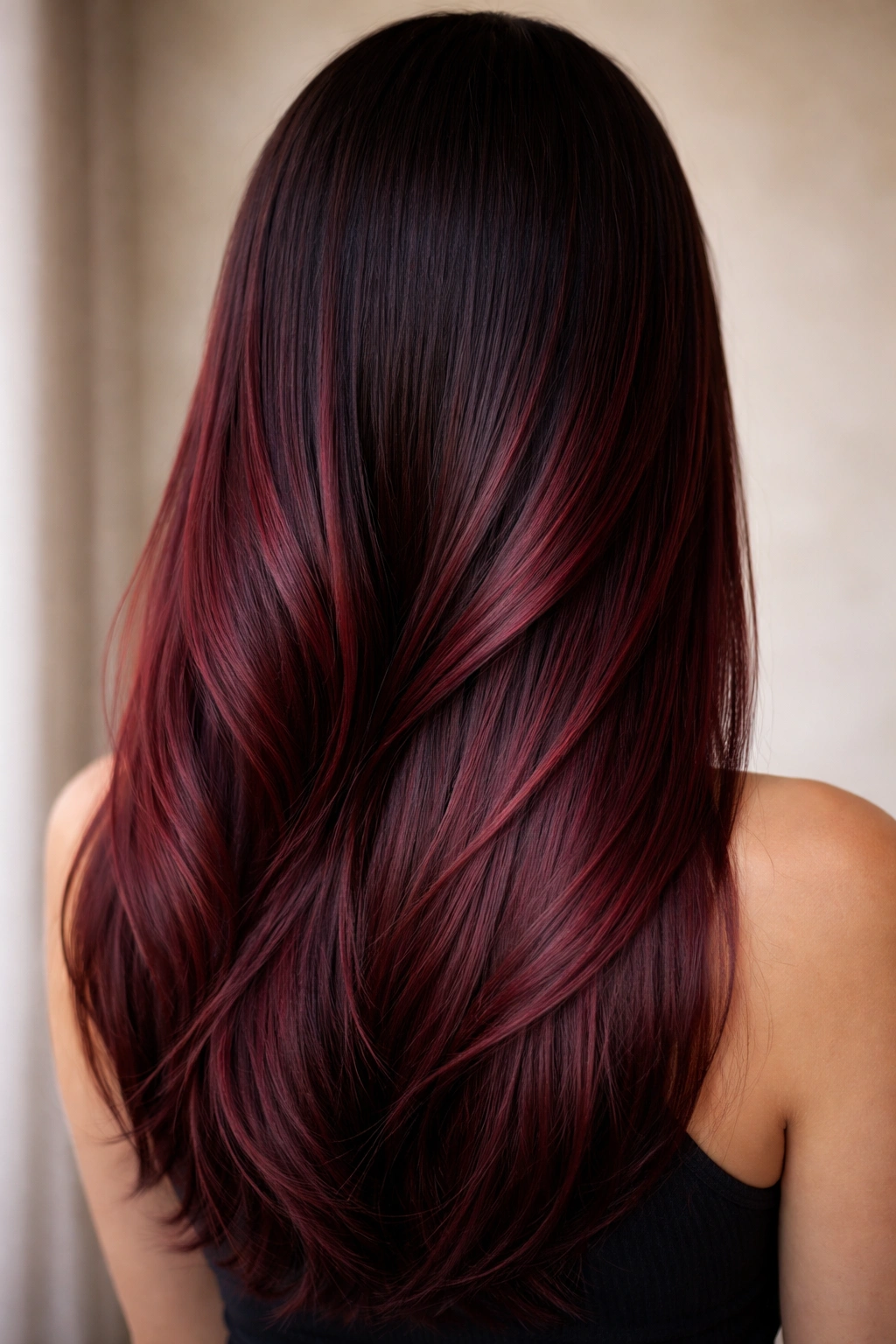 Close-up of straight hair with cherry wine balayage showing burgundy tones