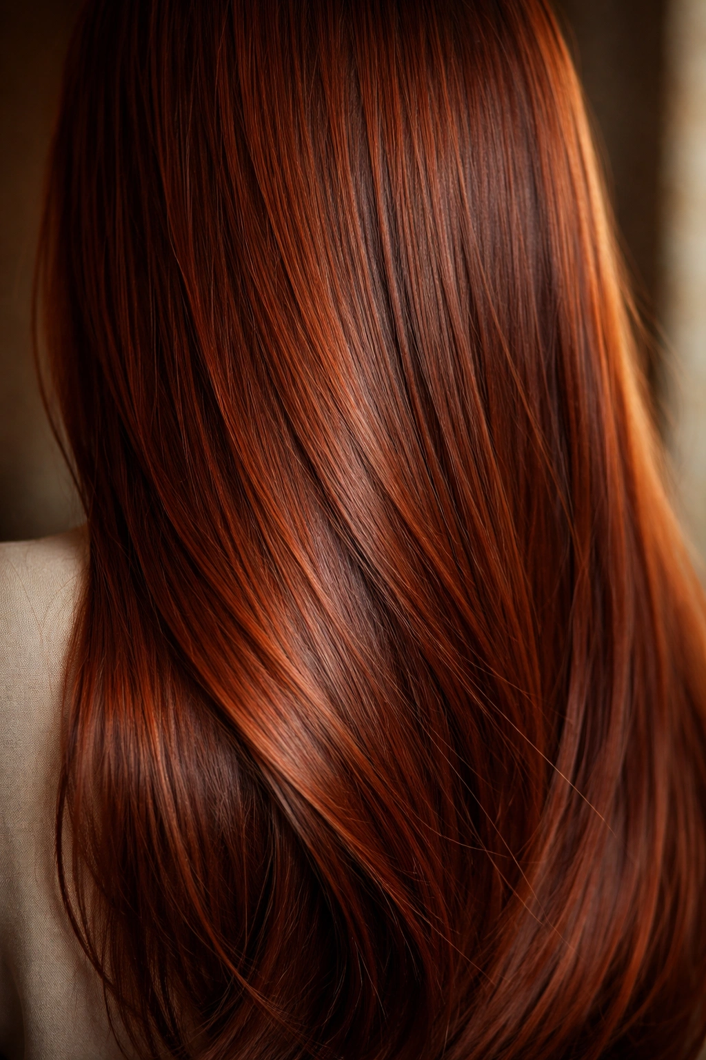 Close-up of chestnut auburn straight hair with warm red-brown tones in studio lighting