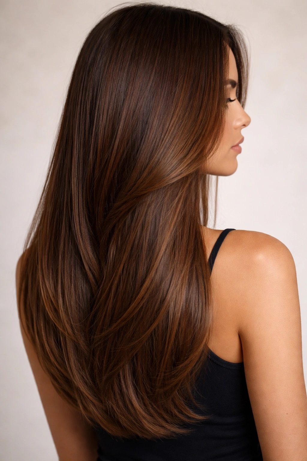 Chestnut balayage brown on straight hair with lighter highlights.
