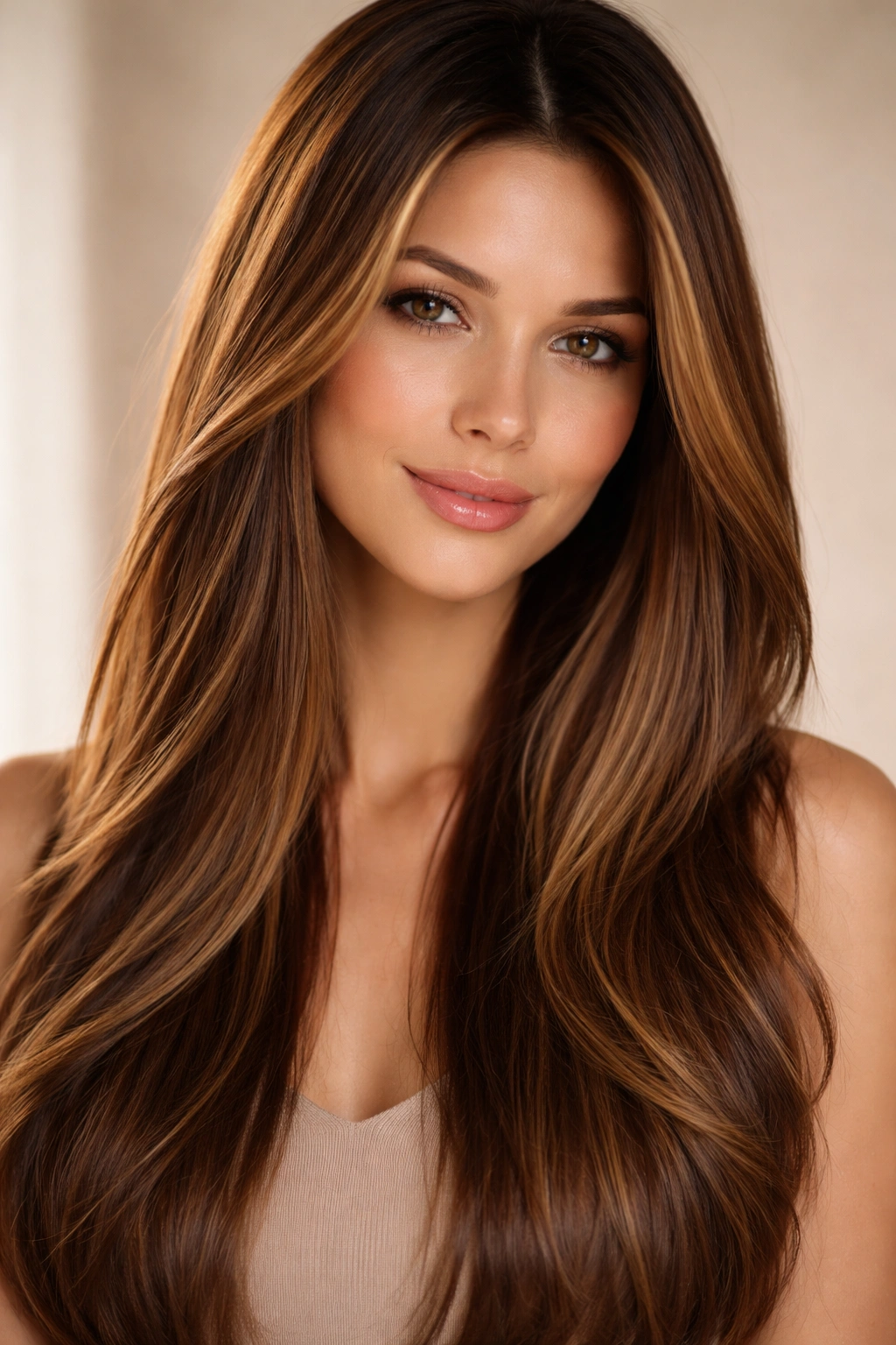 Straight hair in rich chestnut with sun-kissed bronde highlights.
