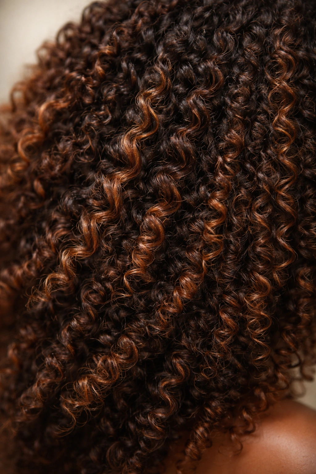 Coily hair in chestnut brown with dimensional highlights