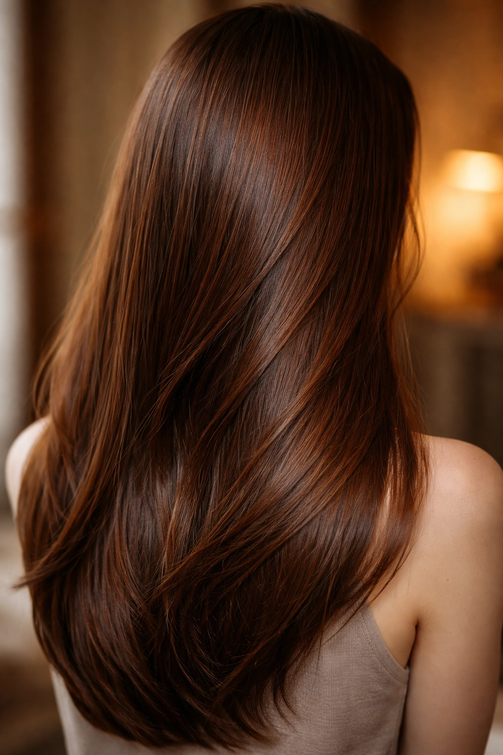 Straight hair in chestnut brown with red mahogany undertones.