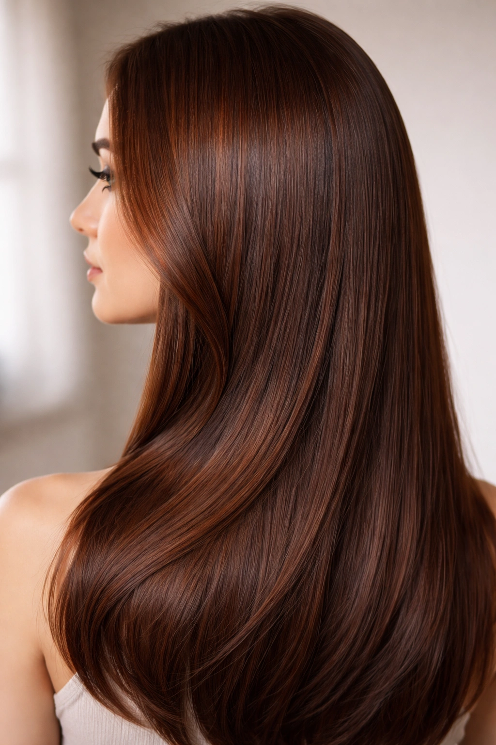 Close-up of straight chestnut brown hair with red and gold undertones