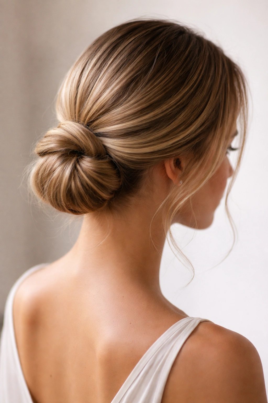 Low chignon bun at the nape with textured waves in straight hair