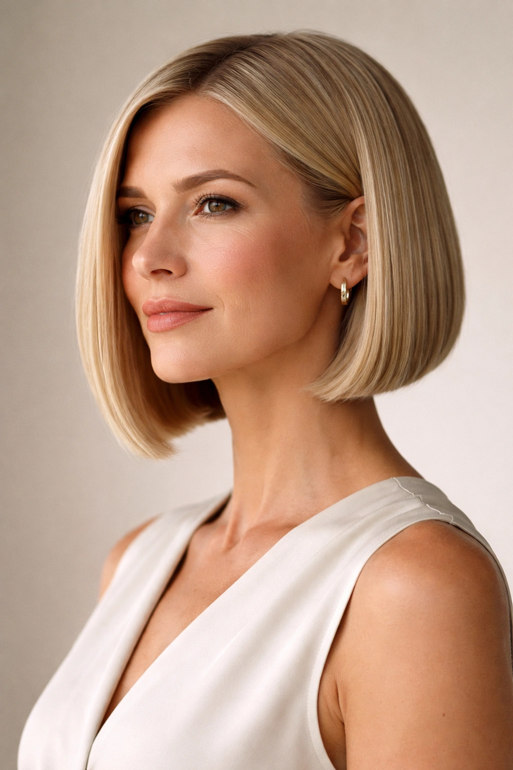 Close-up of a woman with a straight chin-length bob.