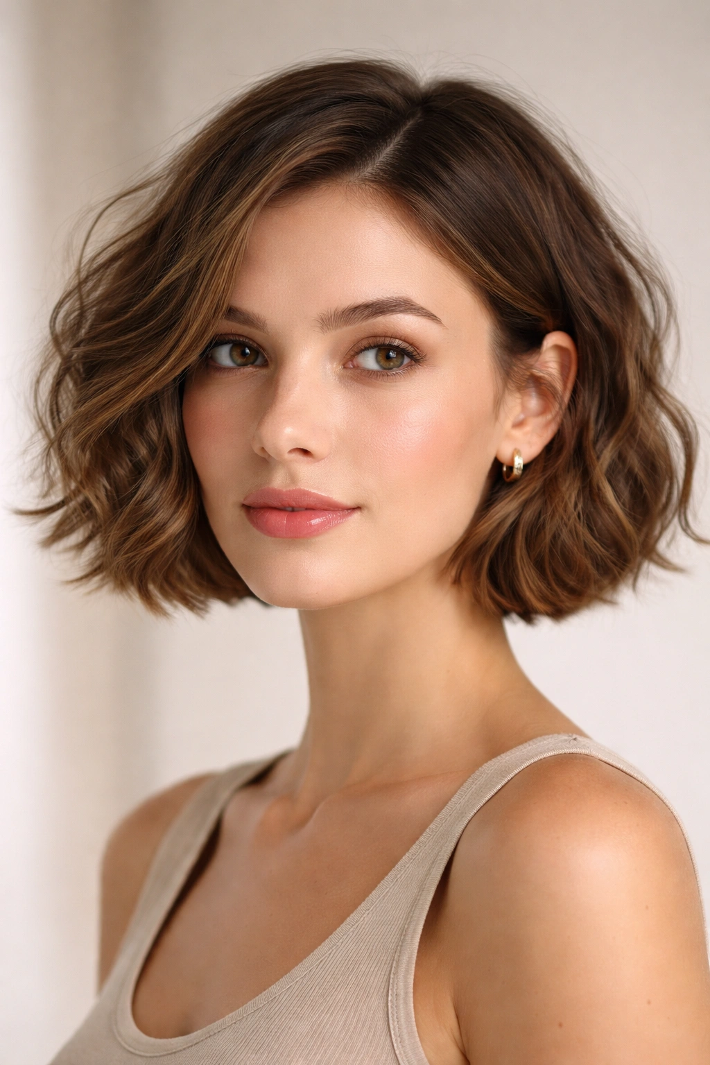 Close-up of a chin-length textured wavy bob on a person, studio lighting